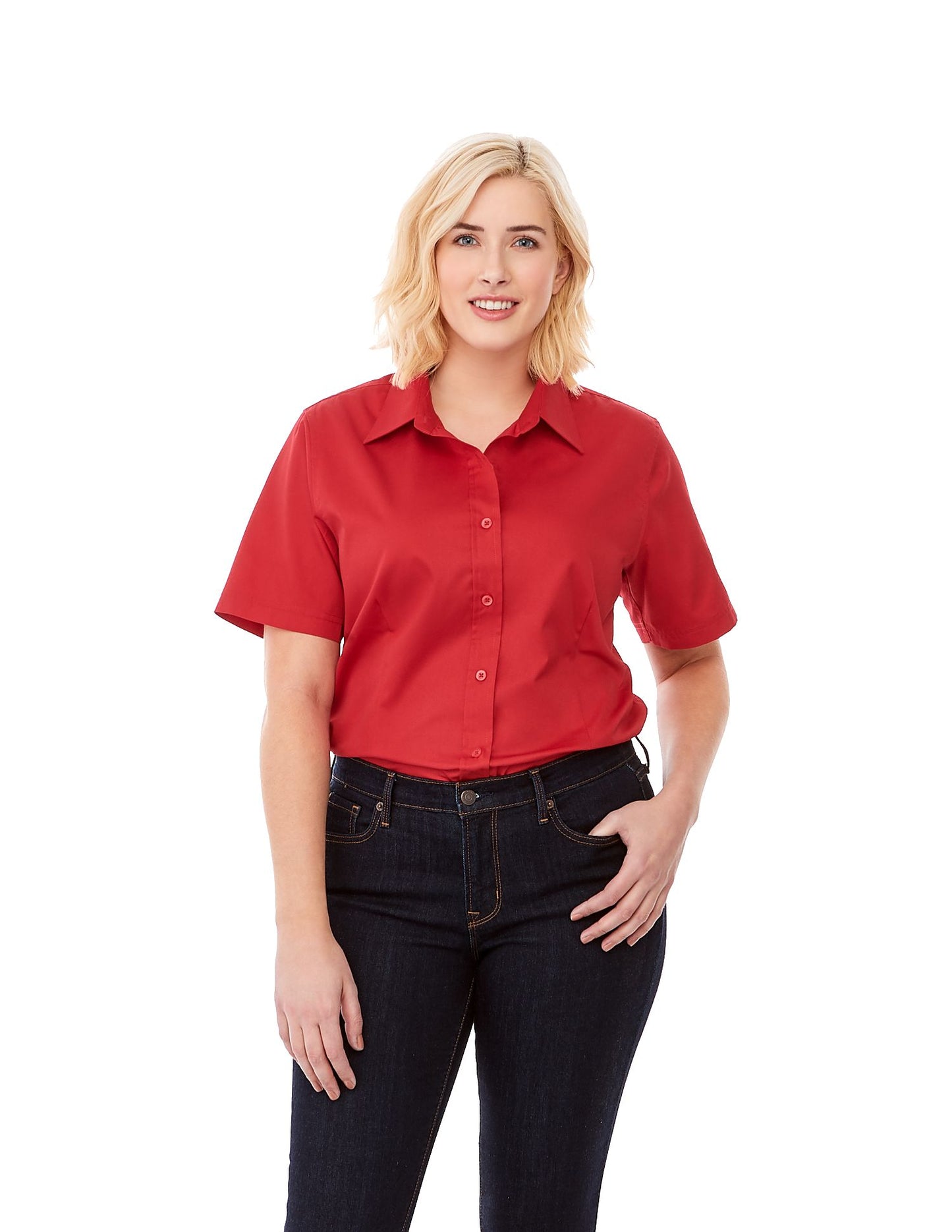 Women's Easy Care Short Sleeve Red Button Down Blouse